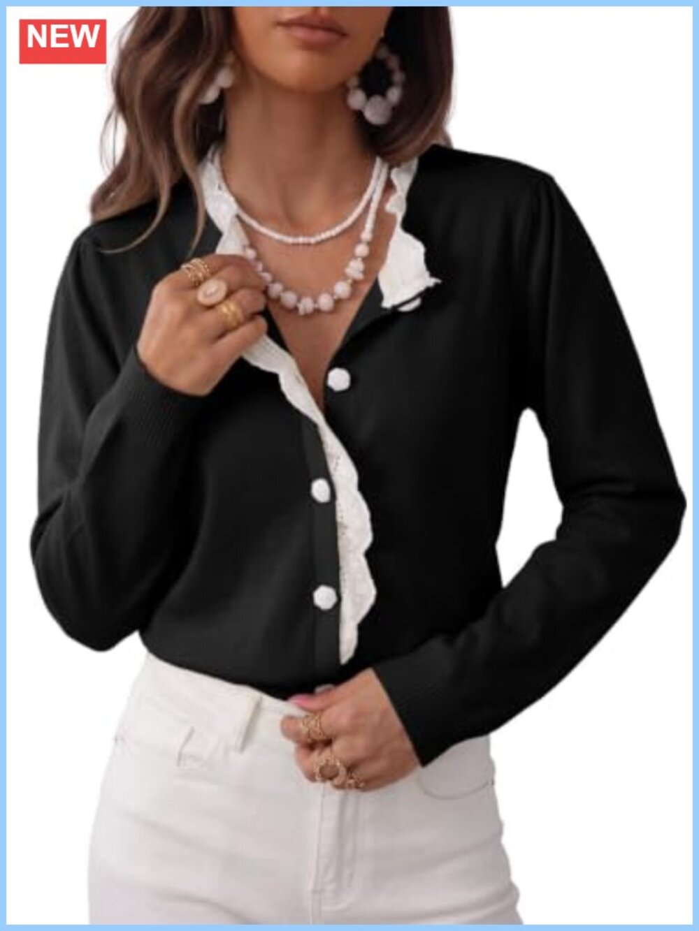 Womens Lace Trim Button Down Cardigan Long Sleeve V-Neck Fine Knit Sweater